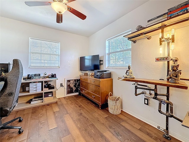 office featuring wood-type flooring, baseboards, and a ceiling fan