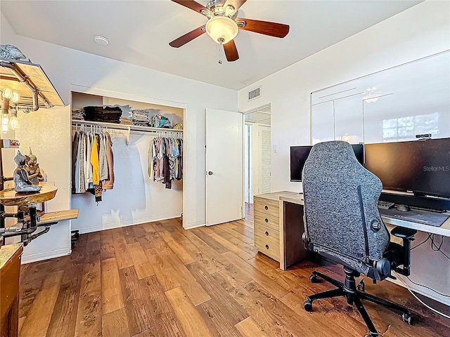 office with ceiling fan, wood finished floors, and visible vents