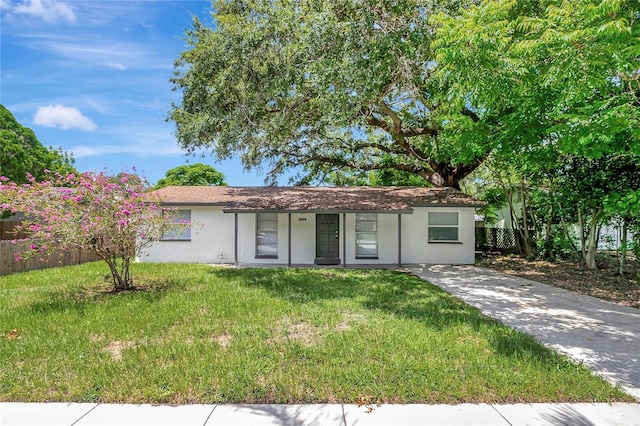 single story home with a front yard, fence, and stucco siding