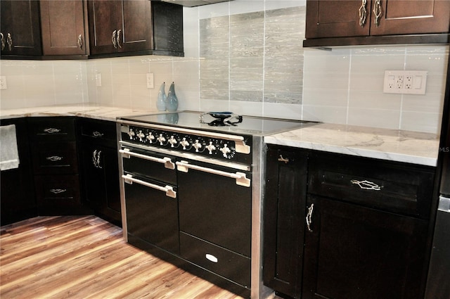 kitchen featuring tasteful backsplash, light wood-style flooring, light stone counters, and range with two ovens