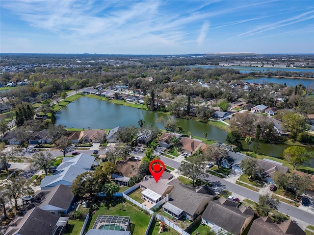 aerial view featuring a water view and a residential view