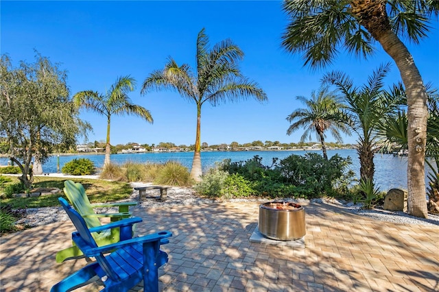 view of patio / terrace with a water view