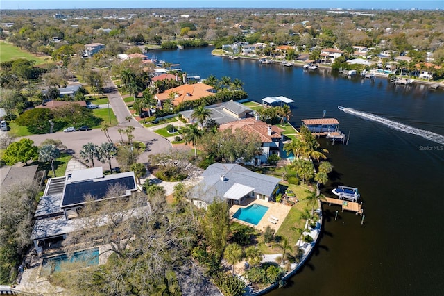 aerial view featuring a residential view and a water view