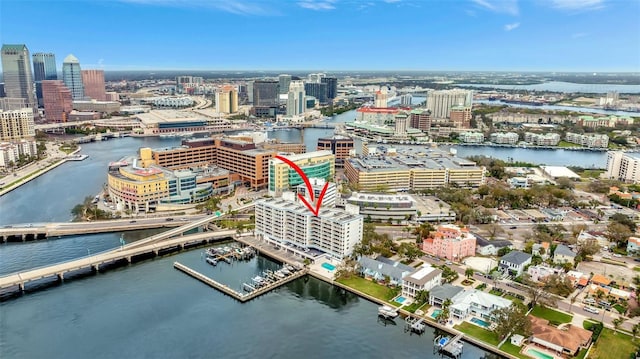 aerial view with a view of city and a water view