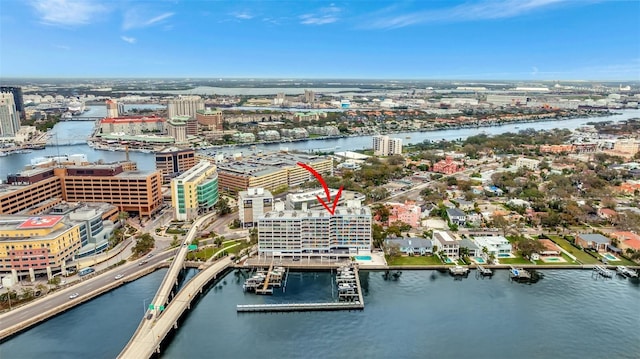 aerial view featuring a water view and a view of city