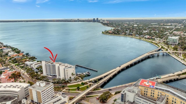 aerial view with a view of city and a water view