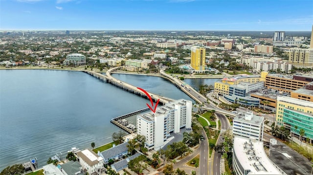 bird's eye view with a water view and a view of city