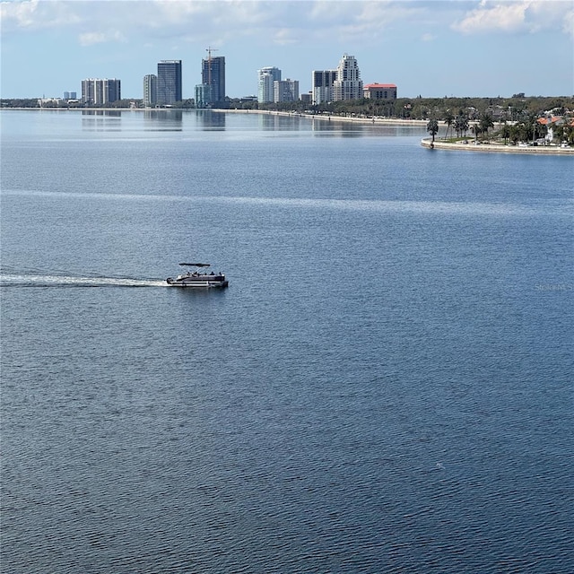 view of water feature with a view of city