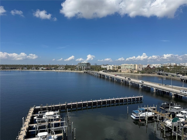 exterior space with a view of city and a boat dock