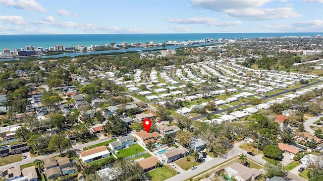 aerial view featuring a water view and a residential view