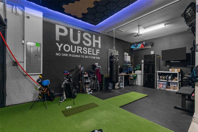 workout room featuring golf simulator and electric panel