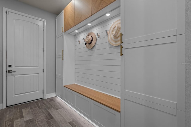 mudroom with dark wood-style floors