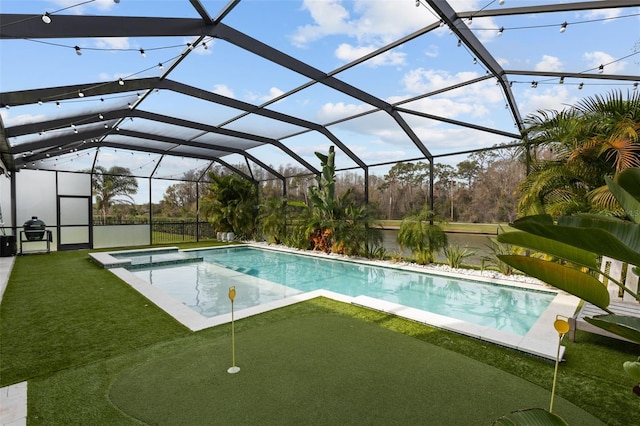 outdoor pool featuring a lanai, a patio area, and a lawn