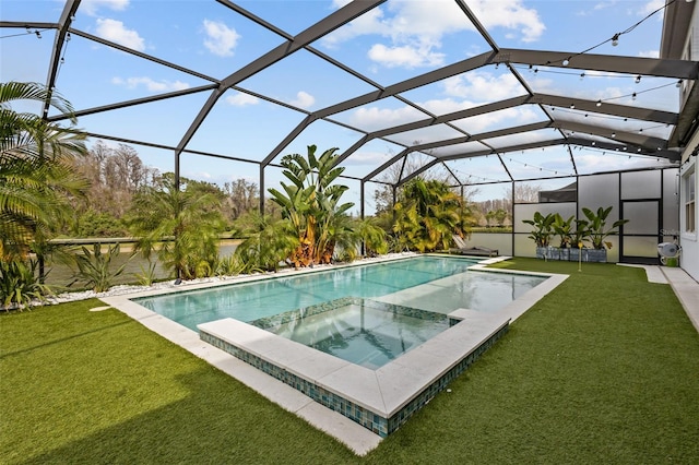 view of swimming pool with glass enclosure, a lawn, and a pool with connected hot tub