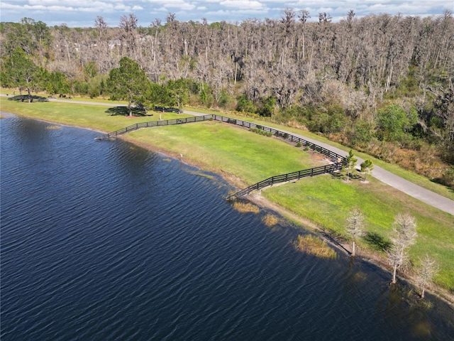 bird's eye view featuring a water view and a view of trees