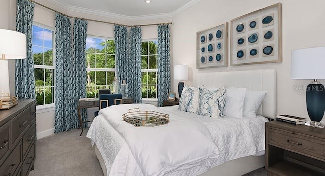 bedroom with baseboards, crown molding, and light colored carpet