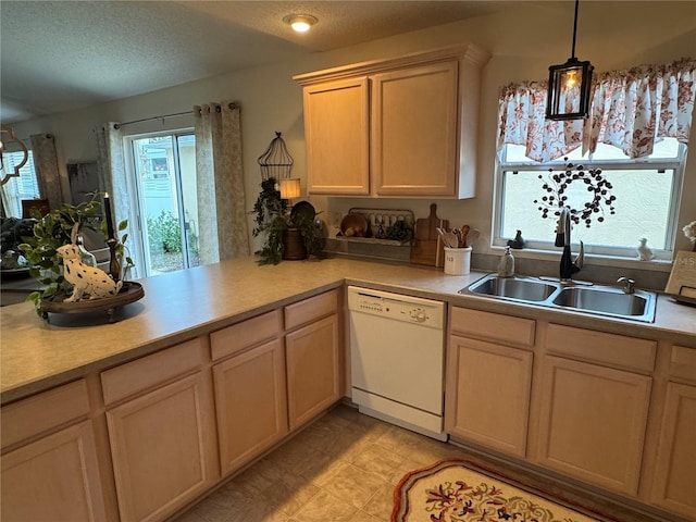 kitchen with light countertops, light brown cabinets, white dishwasher, a sink, and plenty of natural light