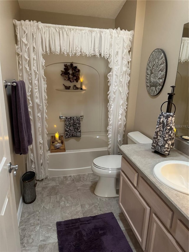 bathroom with toilet, shower / bathtub combination with curtain, and vanity