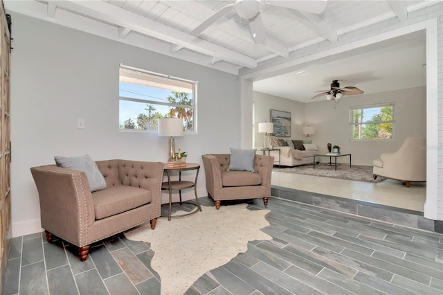 living area with beamed ceiling and ceiling fan