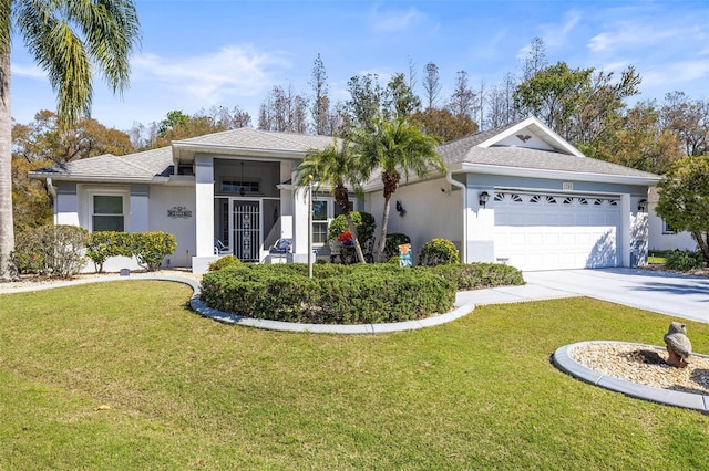 single story home featuring an attached garage, driveway, roof with shingles, stucco siding, and a front yard