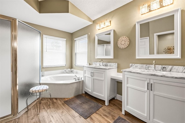 full bathroom featuring wood finished floors, two vanities, a sink, and a bath