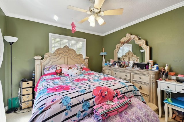 bedroom featuring ceiling fan and ornamental molding