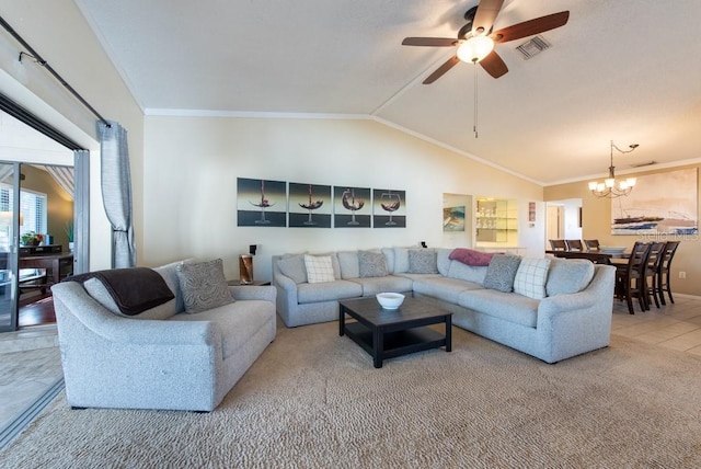 living area with visible vents, ornamental molding, tile patterned floors, vaulted ceiling, and ceiling fan with notable chandelier