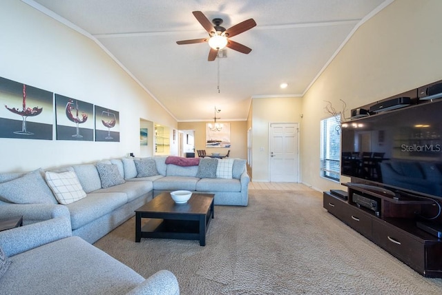 living room featuring high vaulted ceiling, light colored carpet, crown molding, and ceiling fan with notable chandelier