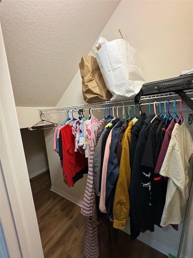 spacious closet featuring lofted ceiling and wood finished floors