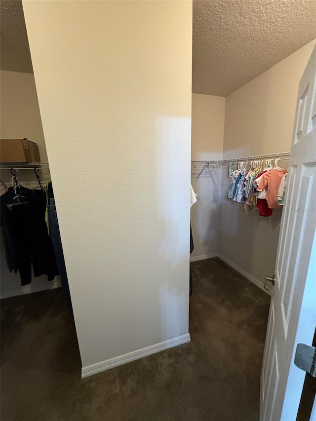 walk in closet with dark carpet