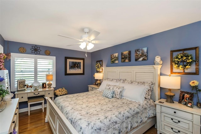 bedroom with ceiling fan and wood finished floors