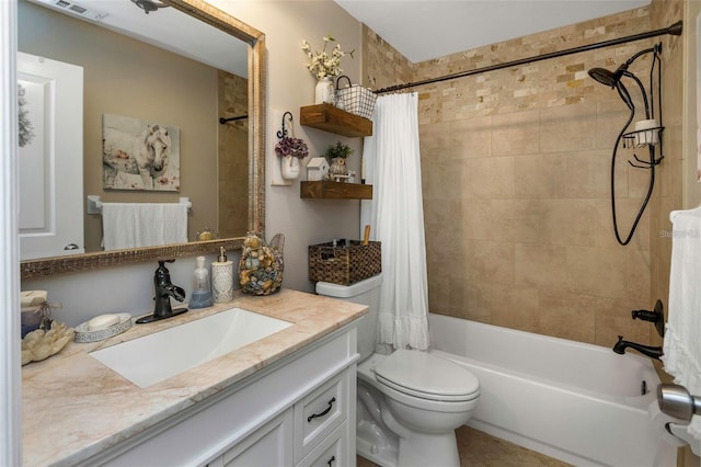 full bath featuring toilet, visible vents, vanity, and shower / bathtub combination with curtain