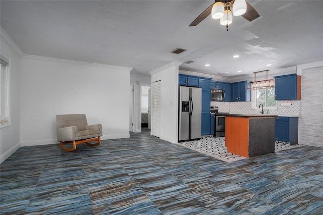 kitchen with blue cabinets, stainless steel appliances, baseboards, tasteful backsplash, and crown molding