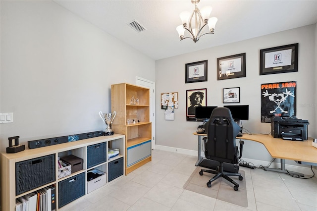 home office with light tile patterned floors, baseboards, visible vents, and a notable chandelier