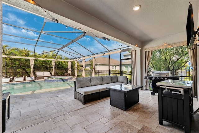 view of patio featuring a pool with connected hot tub, outdoor lounge area, a grill, fence, and a lanai