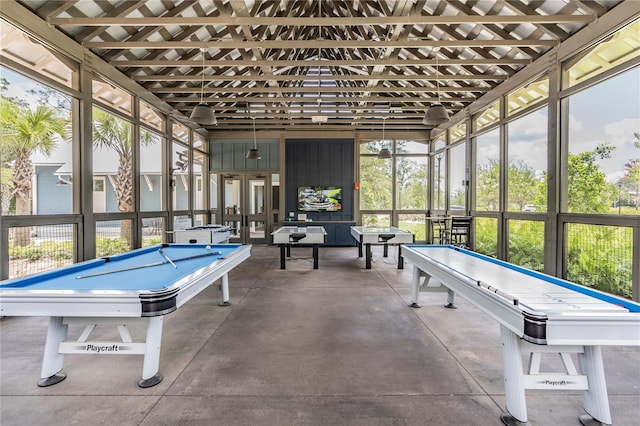 rec room featuring pool table and concrete floors