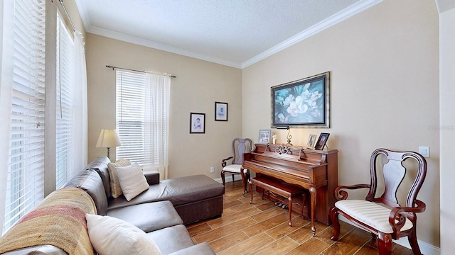 interior space featuring crown molding, a textured ceiling, and wood tiled floor