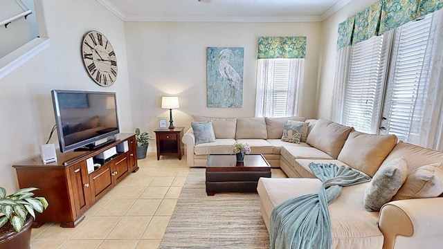 living area with light tile patterned flooring and crown molding