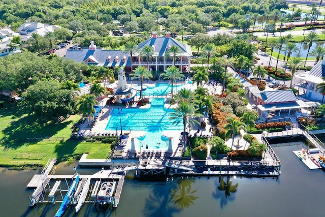 aerial view featuring a water view