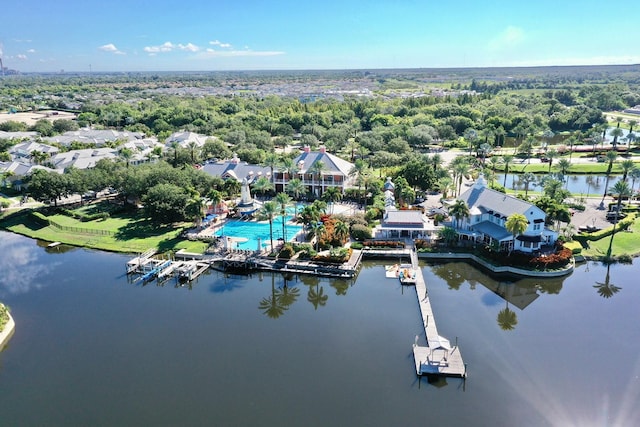 drone / aerial view with a water view