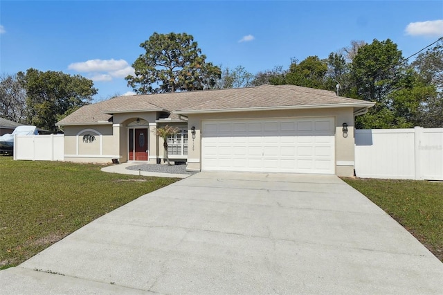 ranch-style house with concrete driveway, a front yard, fence, and stucco siding