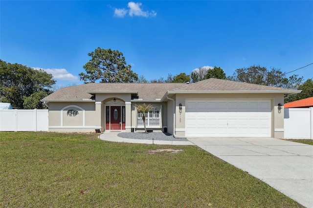 single story home with stucco siding, concrete driveway, an attached garage, a front yard, and fence