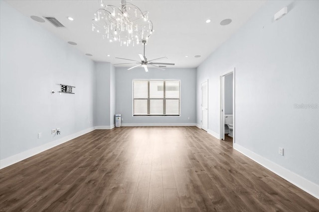 unfurnished living room featuring recessed lighting, visible vents, dark wood-type flooring, ceiling fan, and baseboards