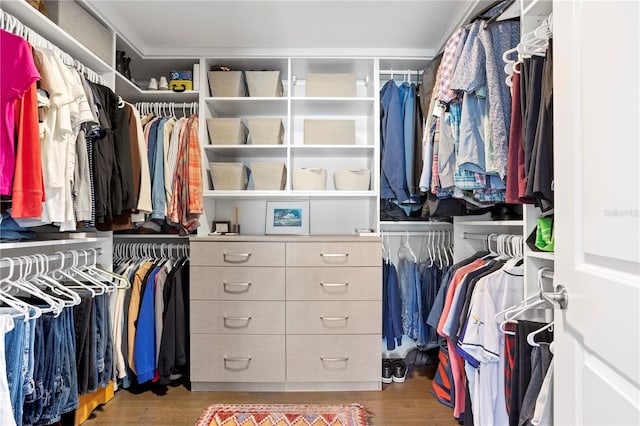 walk in closet with wood finished floors