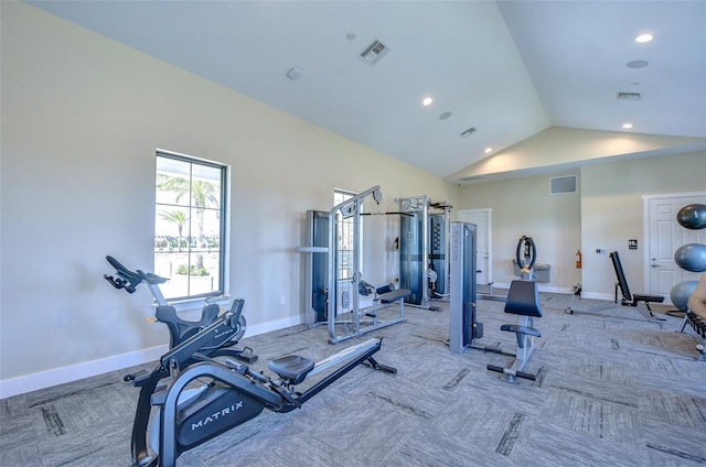 workout area with baseboards, visible vents, and carpet flooring