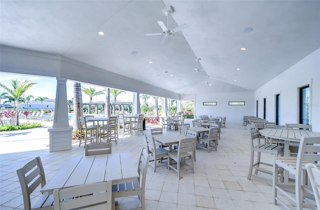 view of patio / terrace featuring a water view and a ceiling fan