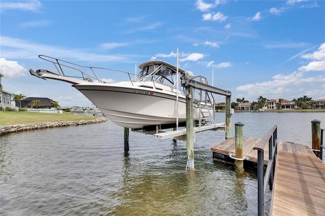 view of dock with a water view and boat lift