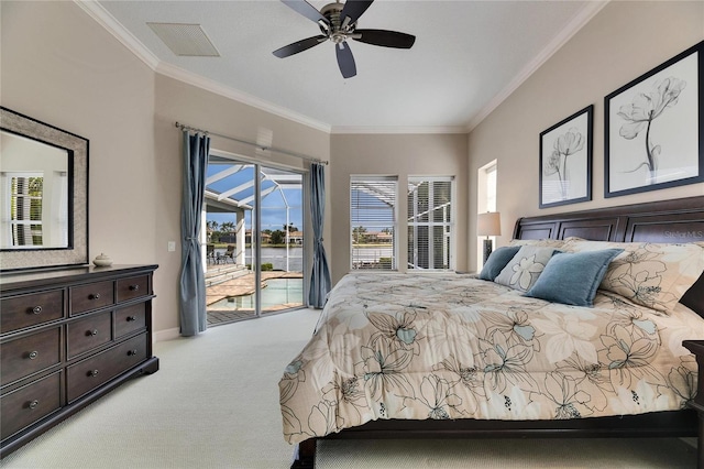 bedroom with carpet, visible vents, access to outside, and crown molding