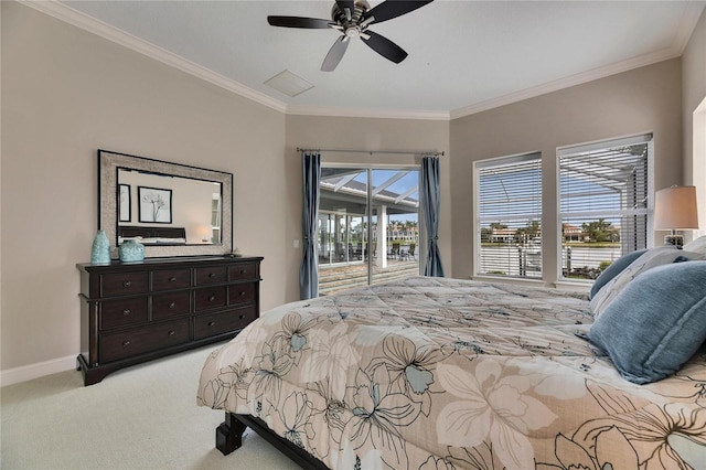 bedroom with crown molding, multiple windows, light colored carpet, and access to exterior