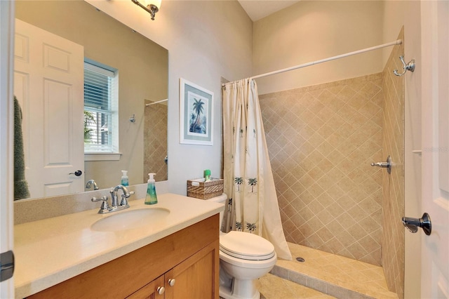 bathroom featuring toilet, a stall shower, and vanity